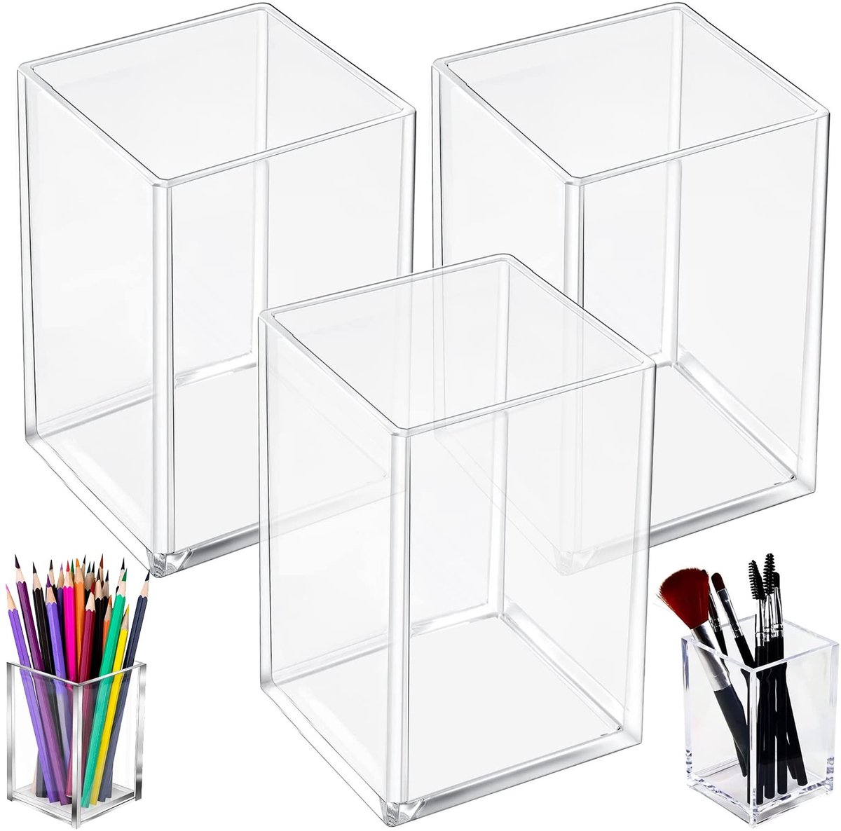 MTTProducts - Acrylic Desk Pen Holder - Brush Organizer - Set van 3 - Transparant - Pencil Cases - Perfect voor Desk - Multifunctioneel
