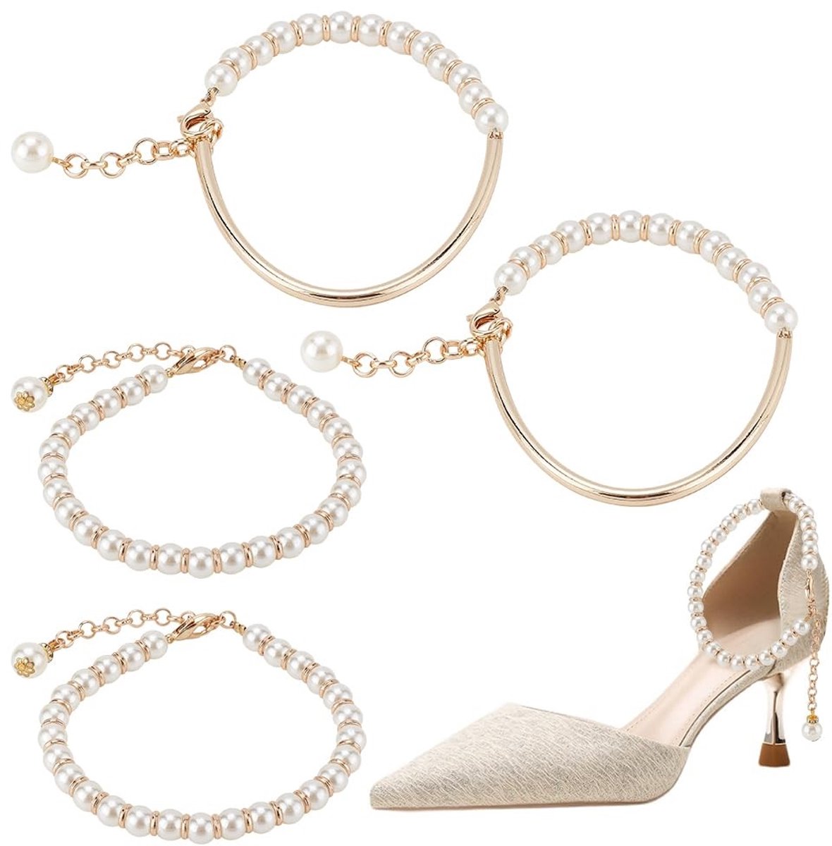 MTTProducts - Pearl Shoe Straps - Decoratieve Enkelbandjes - Hoogwaardige Verzorging - Goud - Schoenveters - Perfect voor High Heels - 4 Stuks