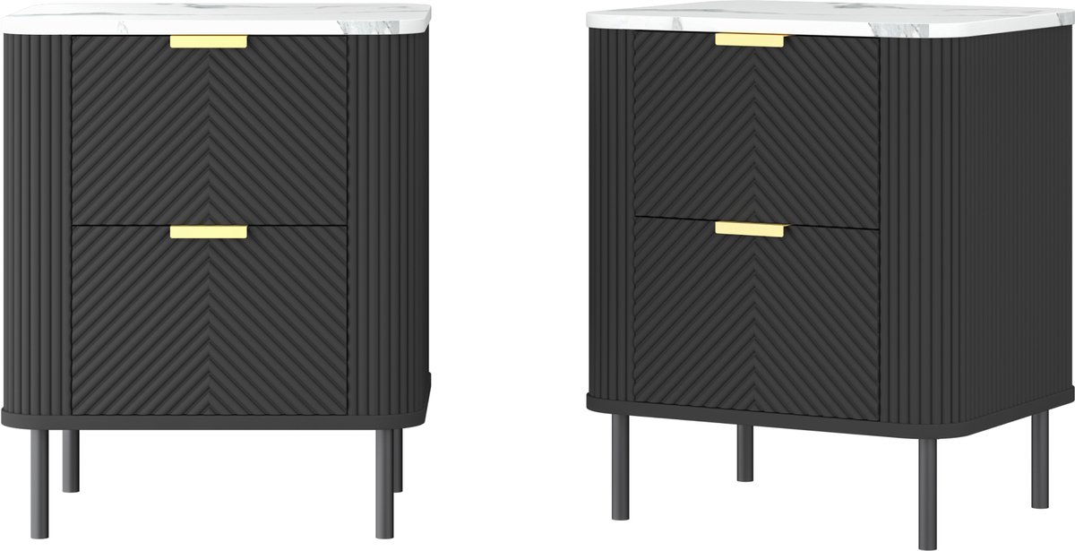 en.casa Nachtkastje set van 2 Olvehok 55x52x38 cm marmerlook wit en zwart [en.casa]
