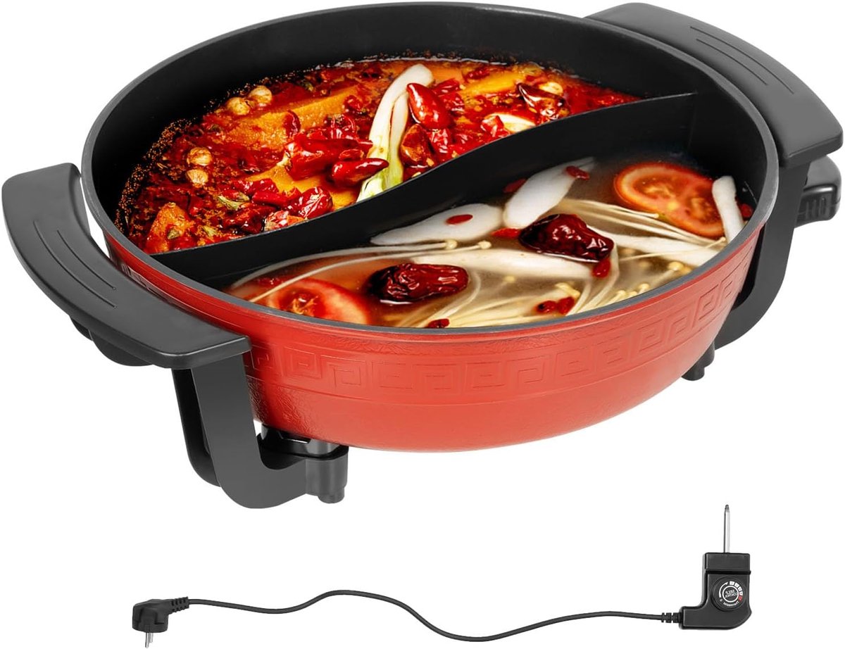 Elektrische Hot Pot - Multicooker Fondue - Gezellig Tafelen - Dubbelzijdig Koken - 6 Liter Inhoud - Rood