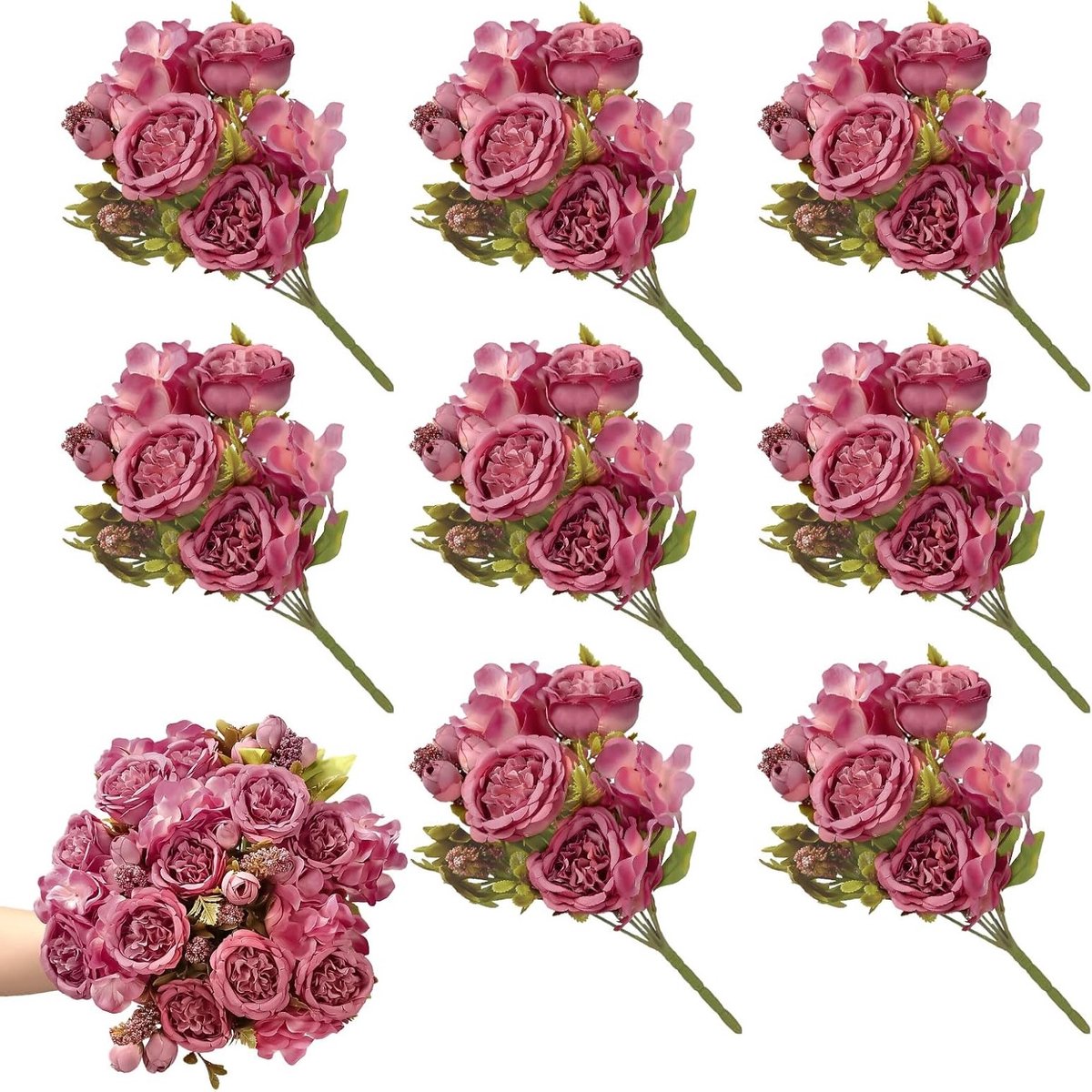 8 Stuks Kunstmatige Pioenrozen en Hydrangea Boeket voor Bruiloft en Feestdecoratie, Herbruikbaar Rozenboeket voor Moederdag en Thuisgebruik