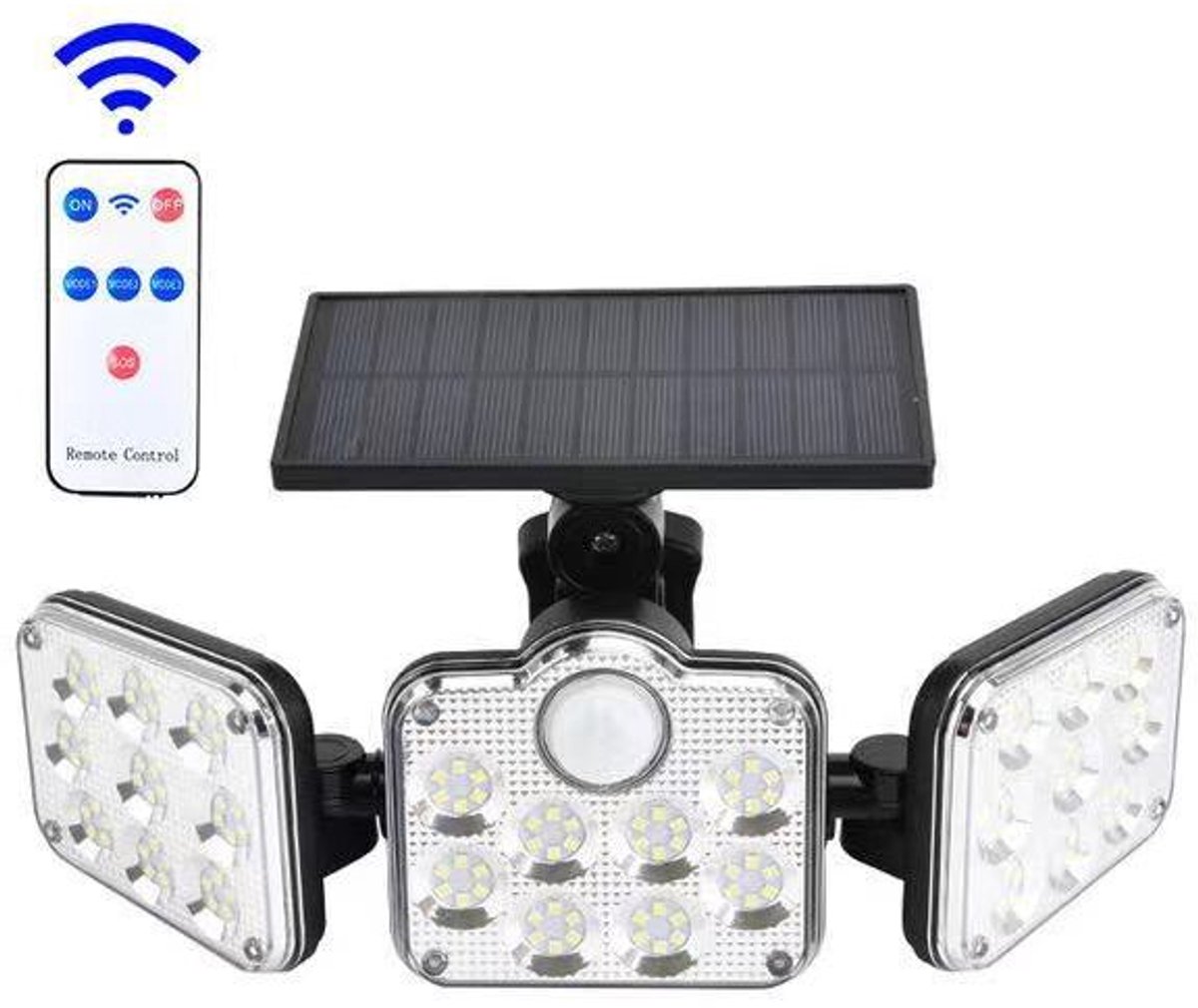 Tuinwandlamp op zonne-energie geschikt voor 138 ledlampjes, drie lichtkoppen, PIR-bewegingssensor, waterdicht en verstelbare hoek.
