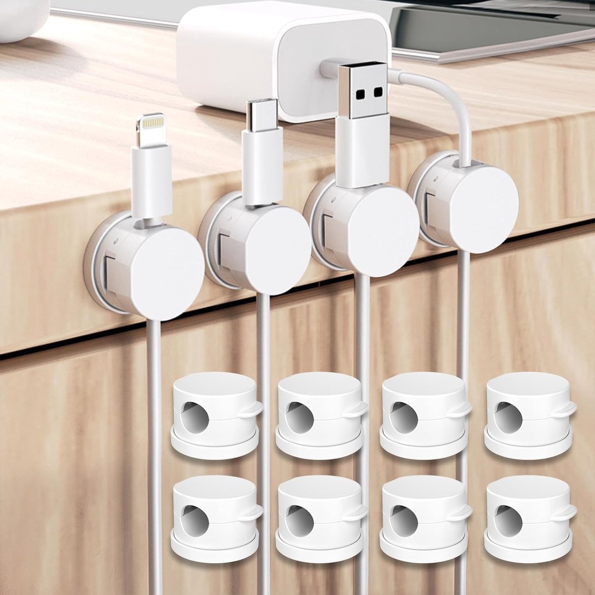 Magnetische Kabelhouder met Draaibare Basis, Kabelbeheer met Magnetische Sluiting, USB Oplader Organisator (Wit, 12 Stuks)