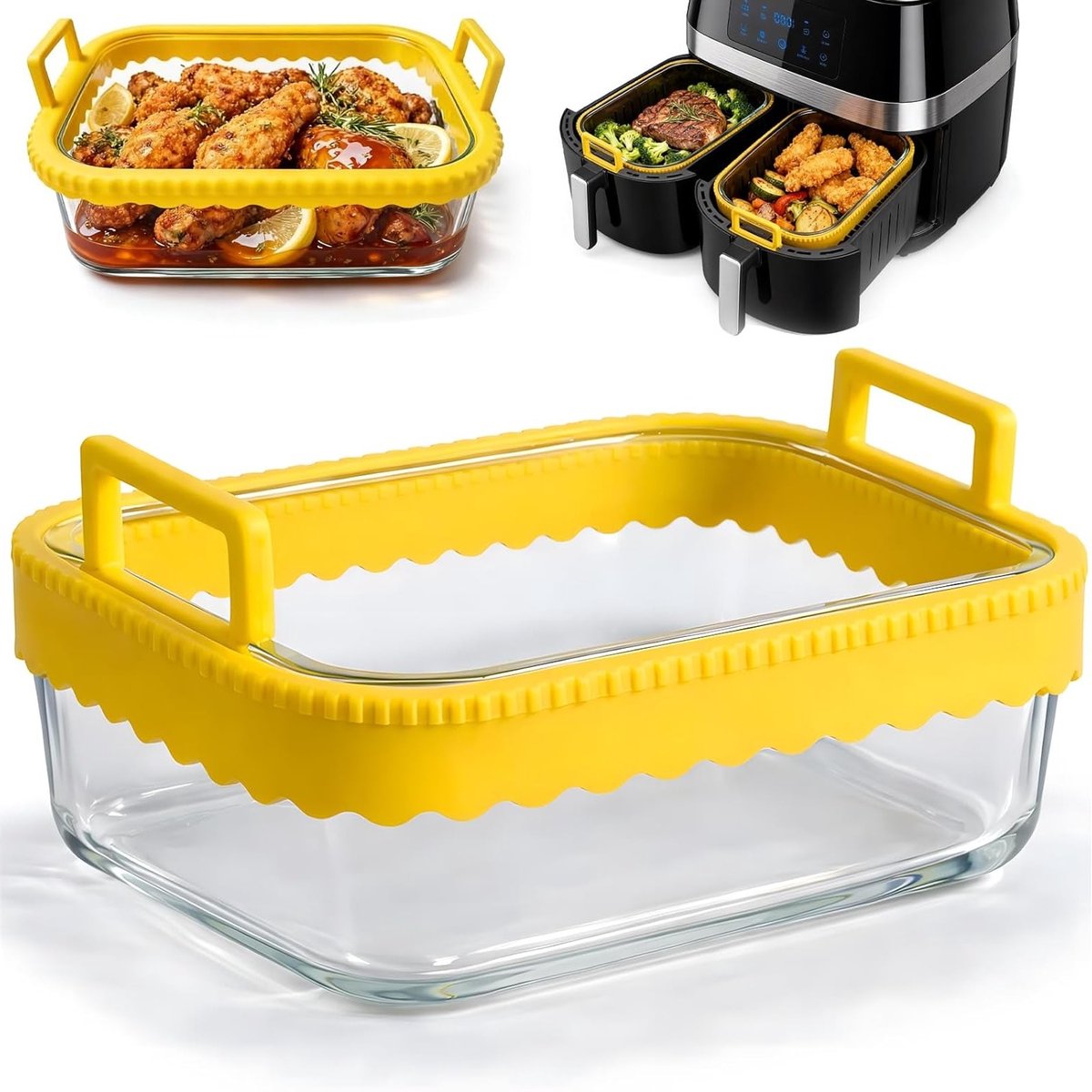 Glazen Bakvorm 1.4L met Deksel, Siliconen Handvatten en Verwijderbare Siliconen Ring - Geschikt voor Airfryer, Oven en Magnetron, Hittebestendig en Krasbestendig