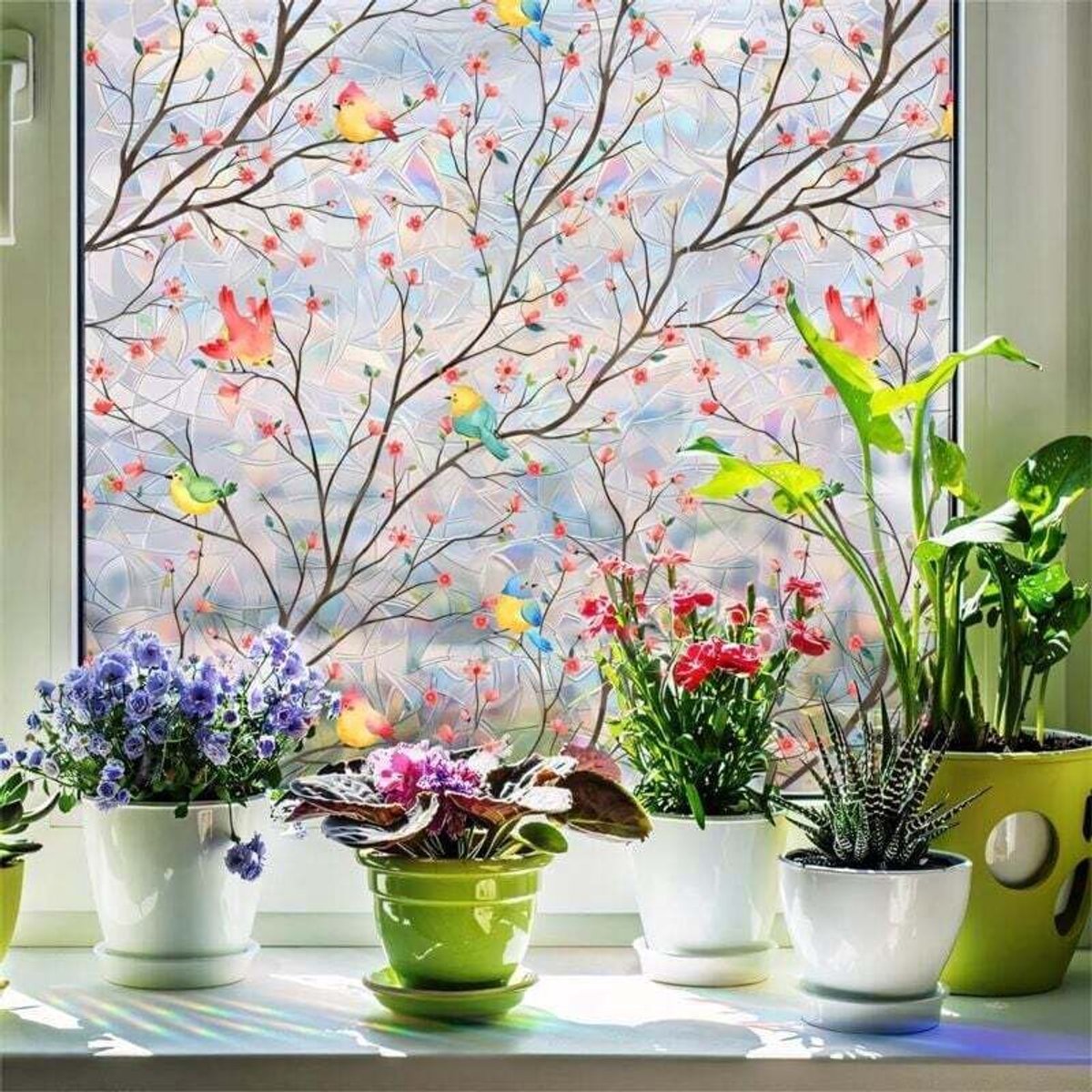 Decoratieve raamfolie geschikt voor een patroon van lentebloemen en vogels, dubbelzijdig elektrostatisch klevend, geschikt voor het decoreren van ramen, huizen, kantoren, woonkamers, deuren en ramen, enz. Afgeschikt vooringen: 120 x 40 cm