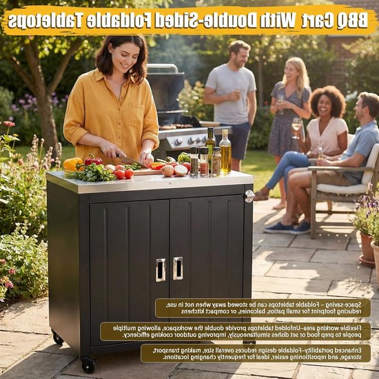 Grillwagen met roestvrijstalen werkblad, inklapbare zijplanken en wielen voor buitenkeuken, barbecue en tuingebruik — afbeelding 4