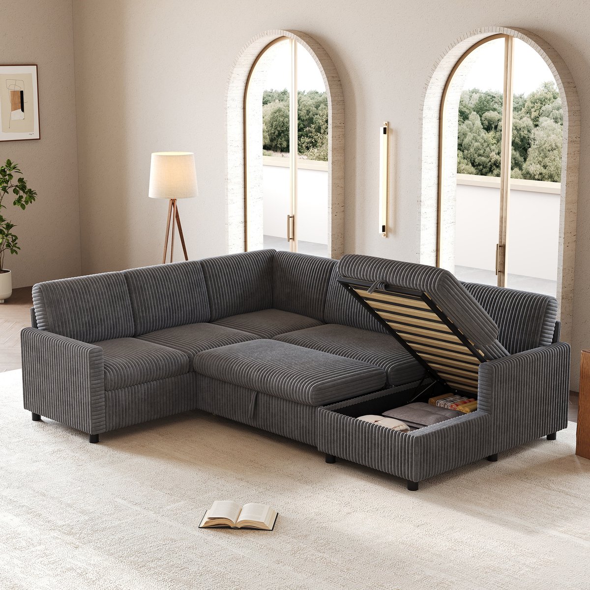 FloraGrace U-Bank 274 x 220 x 85 cm - U-Vormige Slaapbank Met Opbergruimte En Chaise Longue - Voor Woonkamer - Ribcord - Grijs