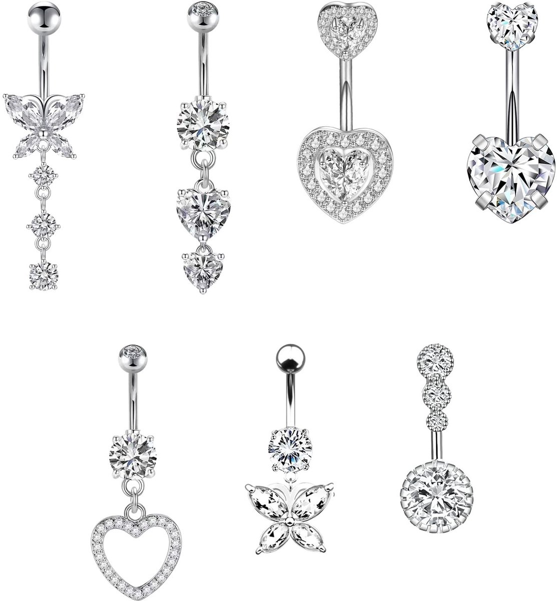 Dailygoods- Navelstaafjes 7-delige set - Hypoallergene navelpiercing - Roestvrij staal - Hart/vlinderontwerpen - Comfortabele ervaring - Zilverkleurig - Navelpiercings