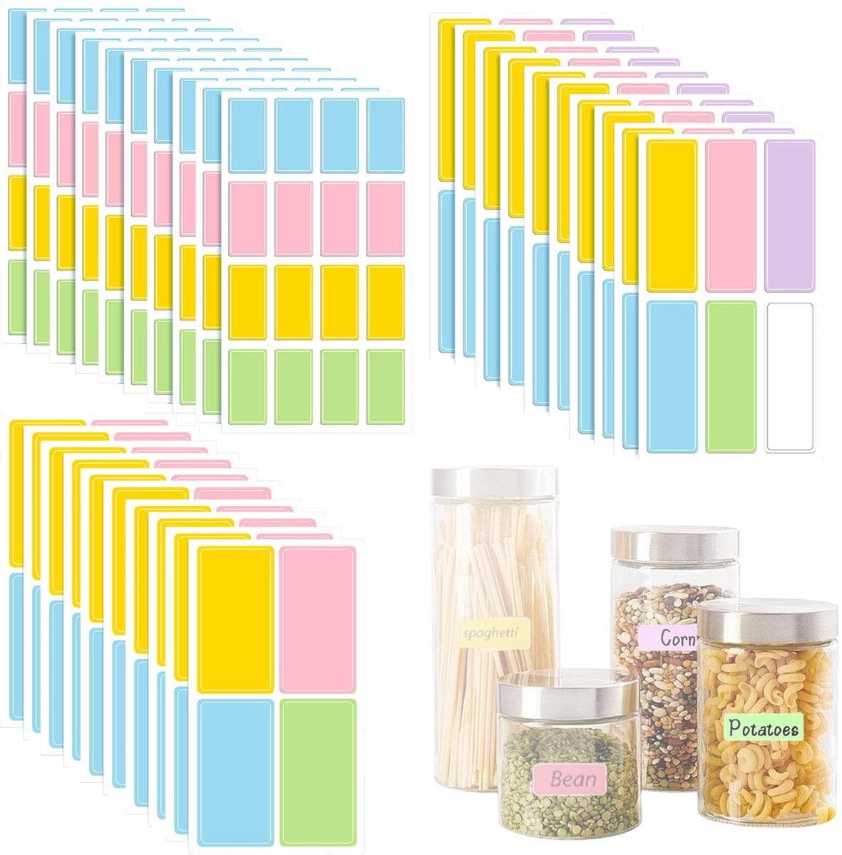 Dailygoods- Etiketten 260 Stuks - Zelfklevend - Waterdicht - Beschrijfbare Stickers - Kleurrijk - Diverse Afmetingen (30x15mm/63x22mm/60x30mm)