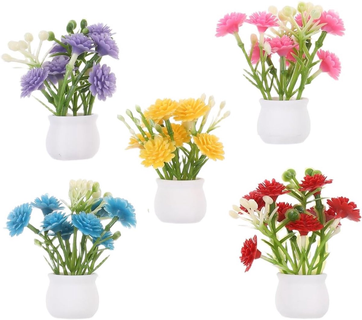 Set van 5 Kleine Vazen met Kunstbloemen voor Miniatuur Decoratie in Poppenhuis en Feeën Tuin