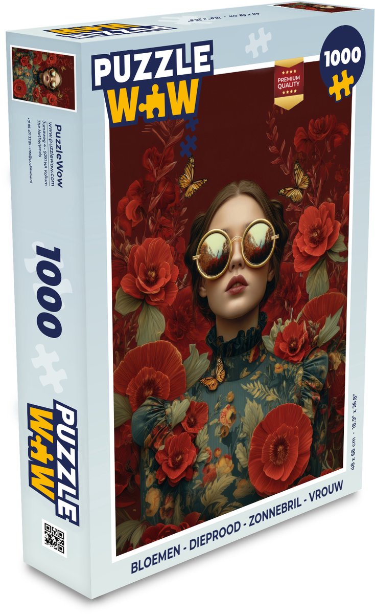 Puzzel Bloemen - Dieprood - Zonnebril - Vrouw - Legpuzzel - Puzzel 1000 stukjes volwassenen