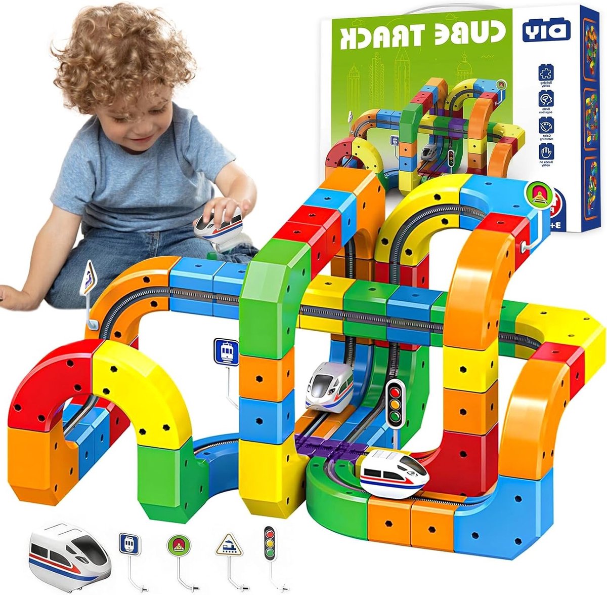 Elektrische Treinset met 123 Stukken, DIY Cube Track en Magnetische Racebaan voor Kinderen, Perfect als Verjaardagscadeau of Paasgeschenk