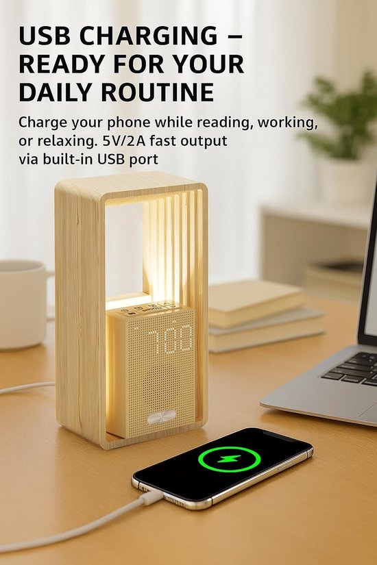 Nachtlamp met Klok - Wekker Tafel - Ontspannen Slapen - Met USB Poort - 3 Watt - Beige Houtlook — afbeelding 2