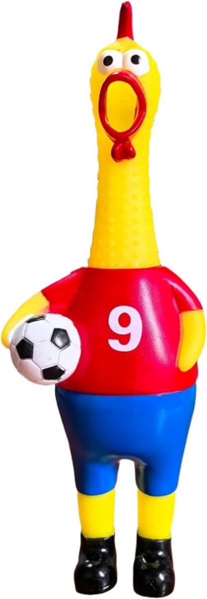 Oneay Gillende Voetbal Kip 32 cm – Piepende Rubberen Kip met Voetbal, Grappig Speelgoed, Stressspeeltje en Cadeau voor Voetbalfans, Kinderen en Volwassenen,1 stuk (Rood)