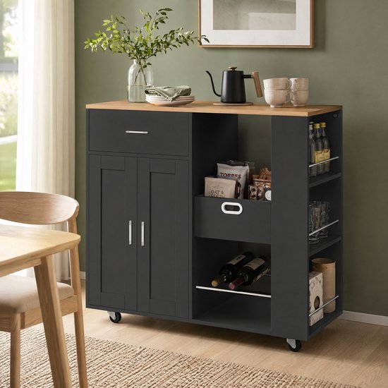 Mobiel keukeneiland met eiken blad, zwart frame, lades, kast en 3 kruidenrekken met wielen