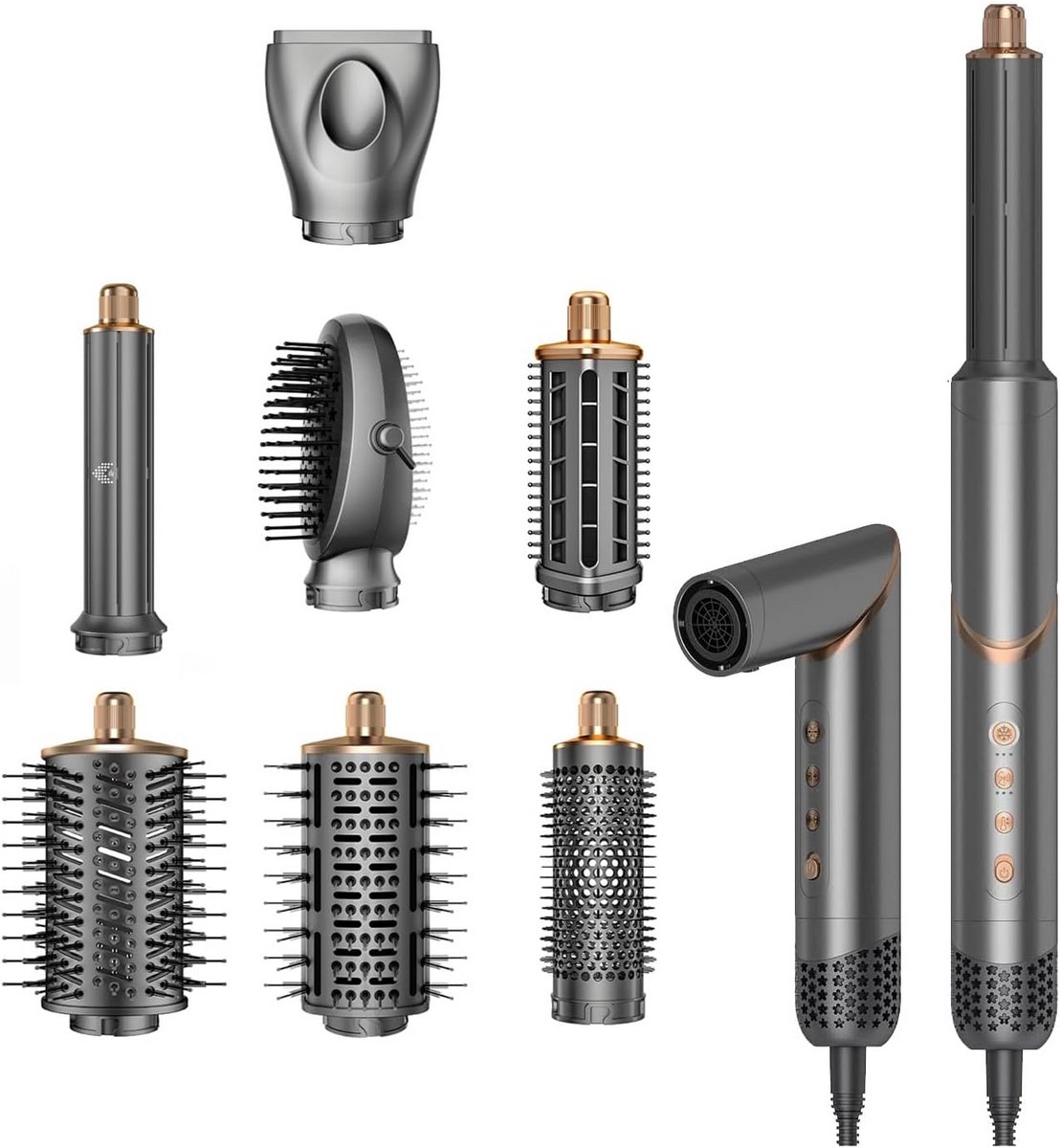 Haardrogerborstel Styler - Haarstyling Tool - Krullen Golven Steil - 8-in-1 Multifunctioneel - 26 x 24 x 7 cm - Zwart