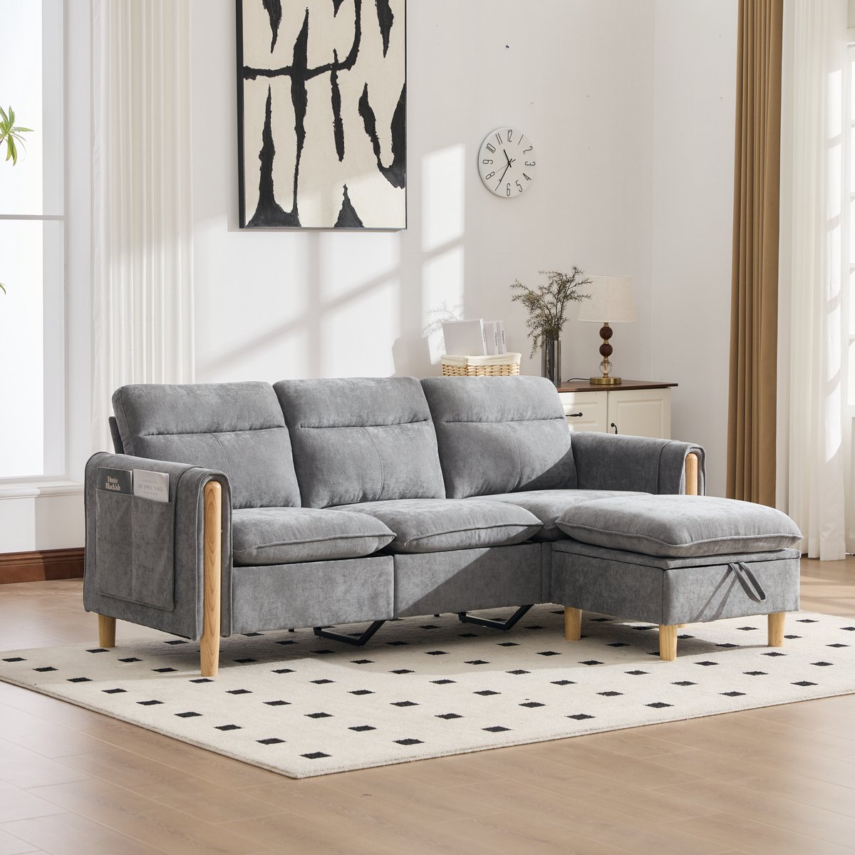 STILVORA Hoekbank 201x77x86 cm - 3-Zits Met Hocker En Zijvakken - Voor Woonkamer En Kleine Ruimtes - Chenille Lichtgrijs