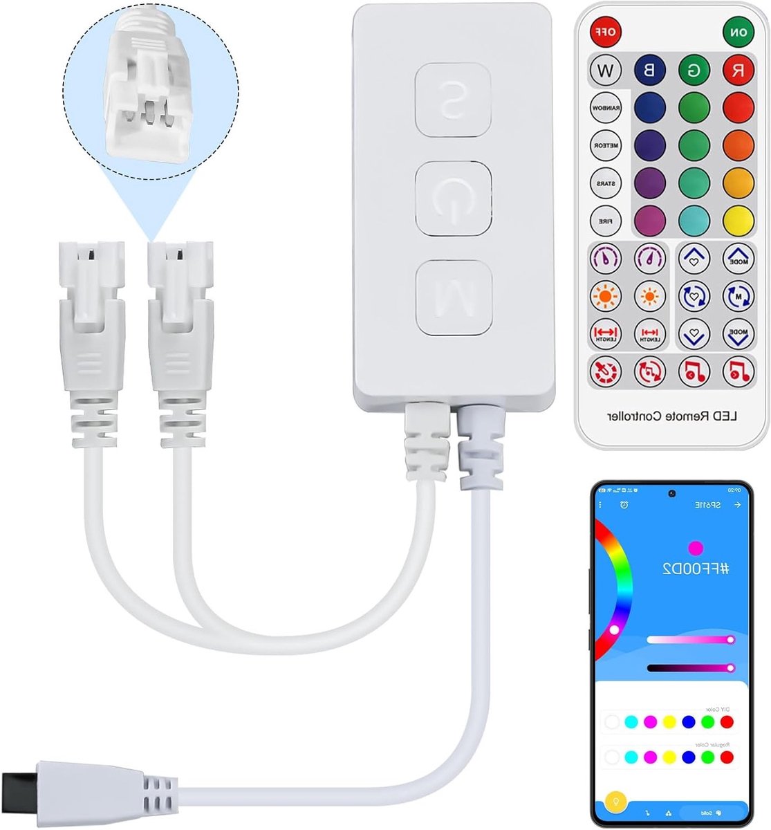 Bluetooth LED Controller met IR Afstandsbediening, Dubbele 3 PIN Interfaces en Smartphone APP Besturing voor Adresserbare RGB LED Strips en Verlichting