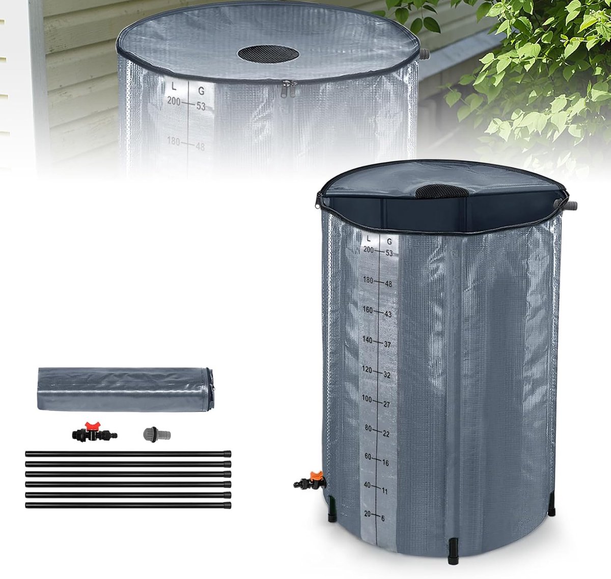 Opvouwbare Regenwaterton - Opvangbak Water - Tuin Bewateren - Met Schaalverdeling - 200 Liter - Donkergrijs