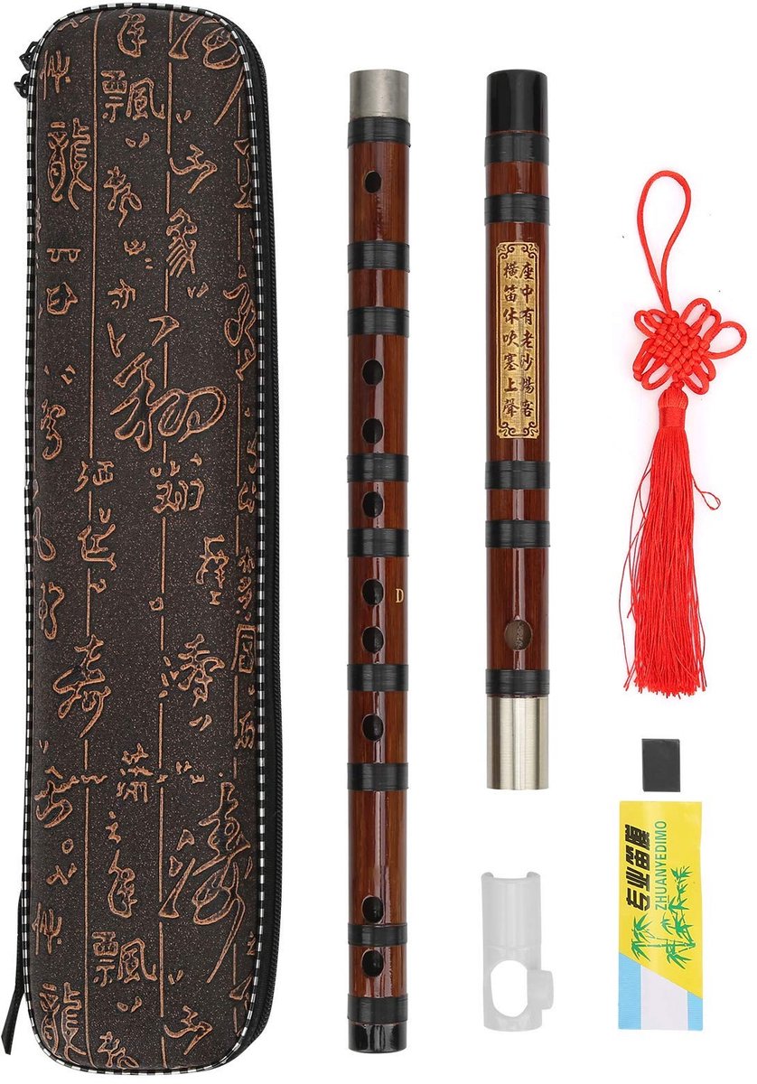 LAUZY- Bambusfluit D-Sleutel - Traditionele Chinese Fluit - 62 x 2,5 cm - Geschikt voor Beginners - Gegraveerd met Chinese Gedicht - Inclusief Doos en Accessoires