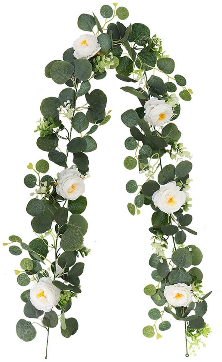 LAUZY- Kunstbloemen 180 cm - Kunstmatige Dahliakrans - Witte Bloemen - Decoratieve Roosjes - Bladeren - Altijd Vers - Bloemengirlande