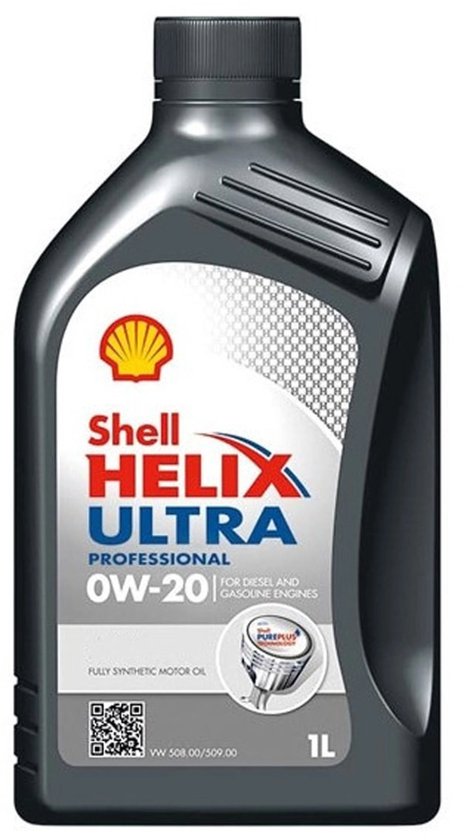 Grijze fles motorolie Shell Helix Ultra Professional 0W-20, 1 liter, met rode en witte letters.