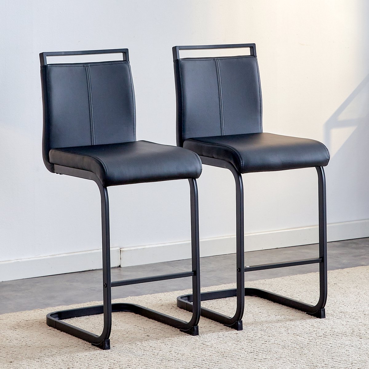 REDOM Barkrukken Set Van 2 - Voetsteun en Rugleuning - Scandinavische Stijl - Metaal en Kunstleer - Zwart - 96,5 cm