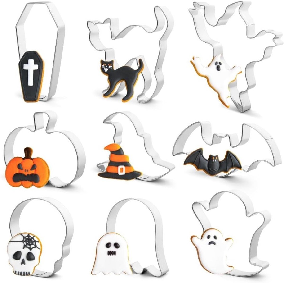 Halloween Koekjesuitsteeksets - 9-delige RVS Set met Pompoen, Spook, Vleermuis en Meer voor Feestelijke Bakavonturen