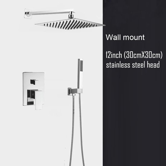 12-inch (30x30cm) vierkante roestvrijstalen douchekop met wandmontage en inbouwkraan.