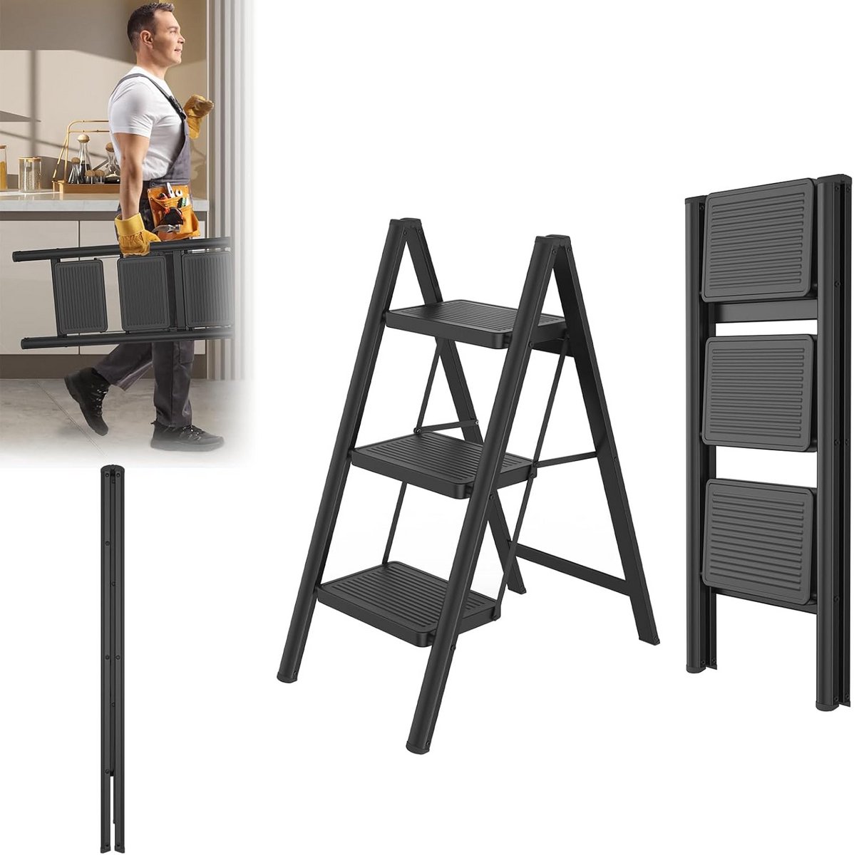 Trapladder 3 treden - Vouwladder metaal - Huishoudelijk werk - Inklapbaar met leuning - 270 kg belastbaar - Zwart