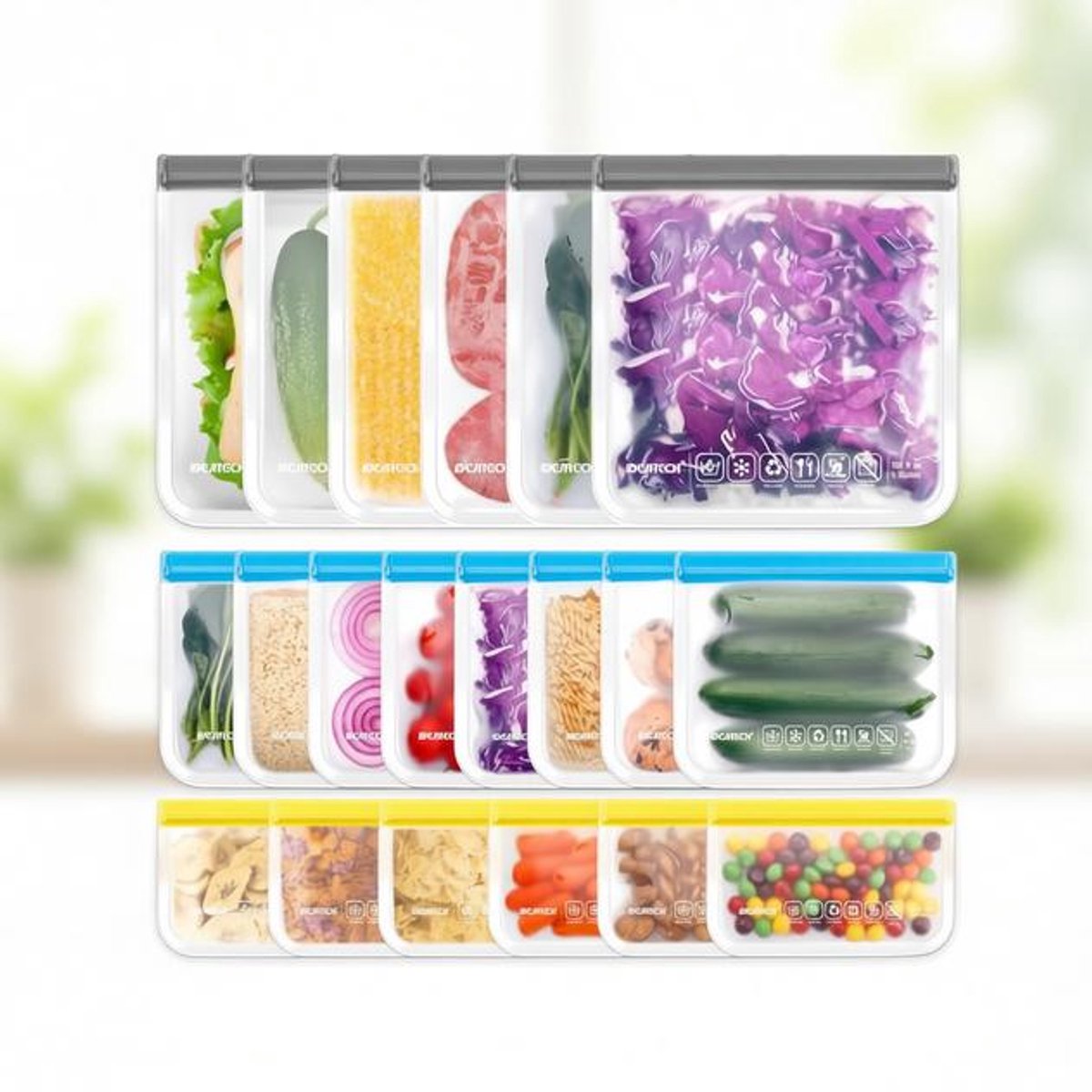 ElleMooi 20 Stuks Herbruikbare Opbergzakken Stazakken Met Ritssluiting BPA-Vrije Vrieszakken Siliconen Levensmiddelenzakken PEVA Sandwichzak Keukenzak Drie Maten Wasbaar Lekvrij