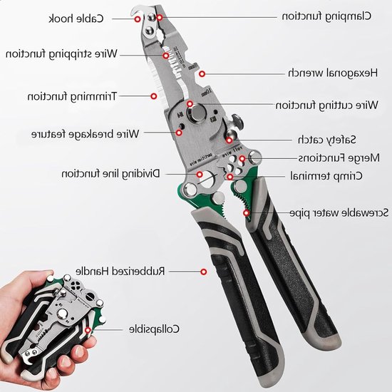 16-in-1 Vouwbare Kabelstripper voor Meerdere Doeleinden met Handschoenen - Elektrische Draadstripper voor het Snijden van Kabels en Draad, Professioneel en Efficiënt — afbeelding 2