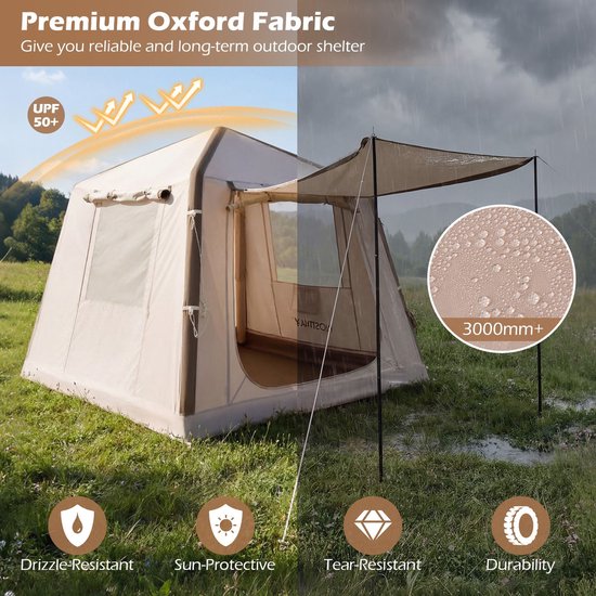 Opblaasbare tent - Opblaasbare glamping tent - Waterdicht - Tot 4 personen - Khaki - Camping - Tuin - Glamping - 210 x 210 x 180 cm — afbeelding 4