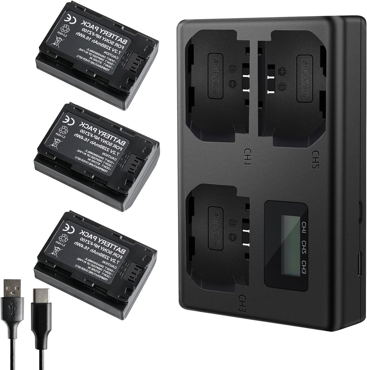 Drie Slot Batterij en Oplader voor NP-FZ100 met LCD Scherm, Geschikt voor Sony A7iii, A7iv, A7C, FX3, FX30, A9, A6600, A6700, ZV-E1, ZV-E10ii, Alpha 9, A9S, A7R III, A7R IV en Meer