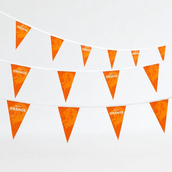 Meerdere rijen oranje vlaggenlijnen met de tekst 'WE ARE ORANGE' en leeuwenafbeeldingen, tegen een witte achtergrond.