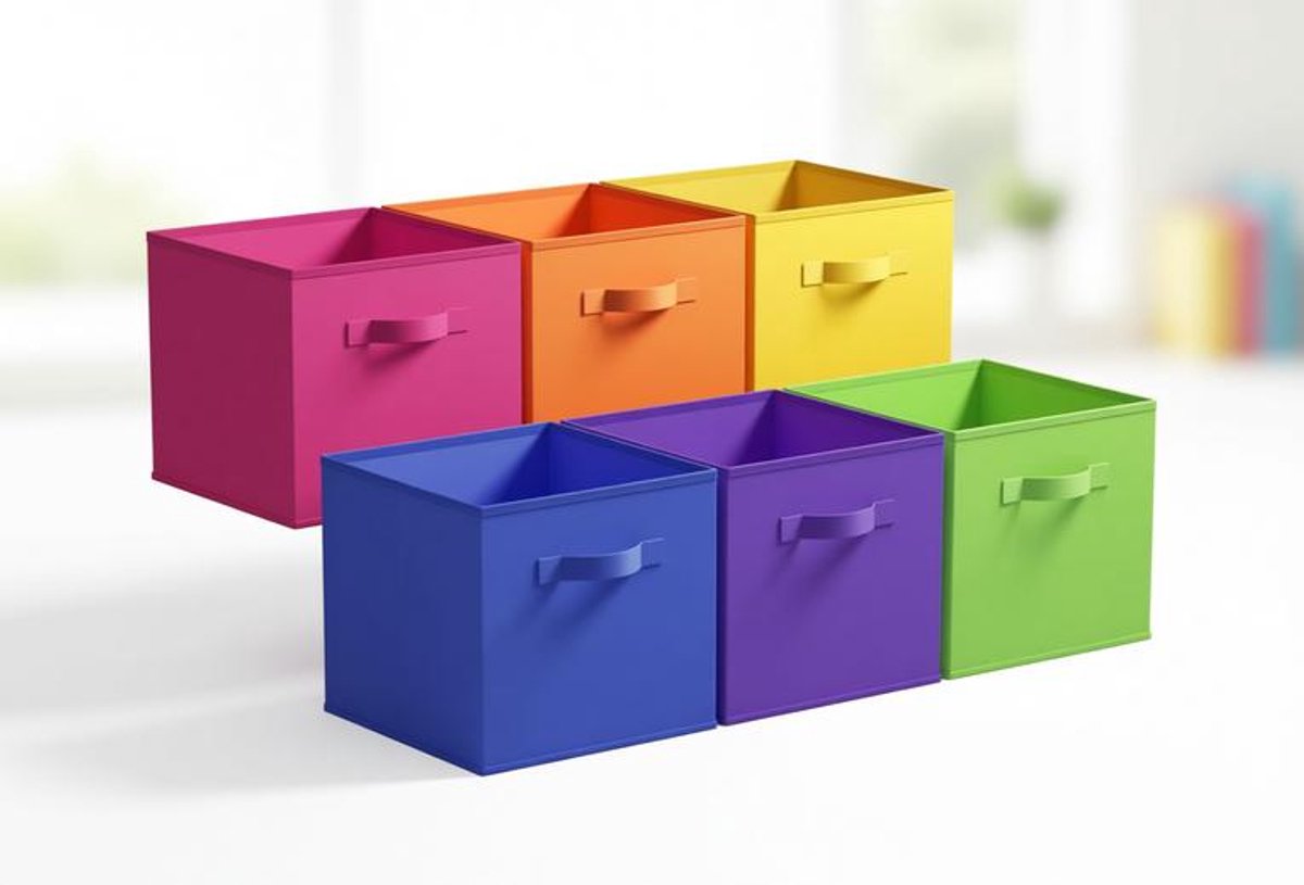ElleMooi Stoffen opbergkubussen 33x33 cm - 6 stuks - Opvouwbare opbergdozen met handvat - Donker Kleurrijk
