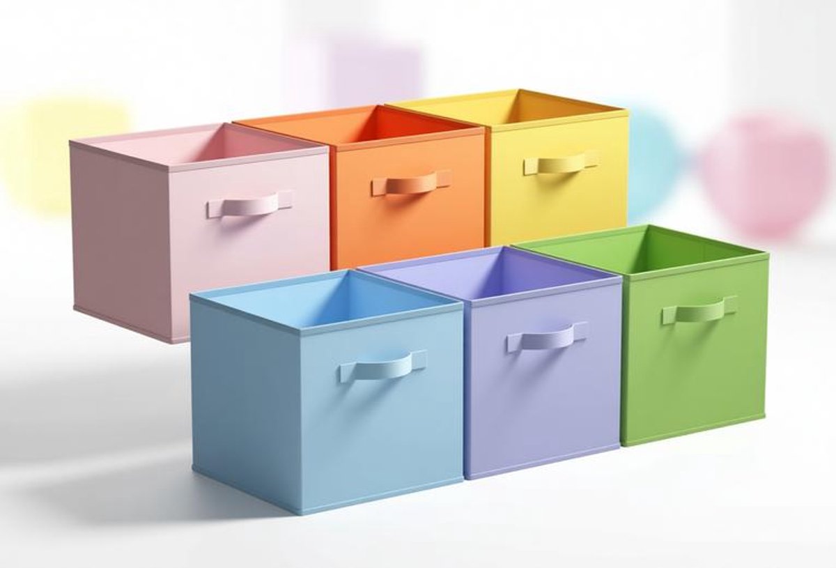 ElleMooi Stoffen opbergkubussen 6-pack 27x27x27,5 cm, opvouwbare opbergdozen met handvat voor kleding, speelgoed, boeken - Kleurrijk