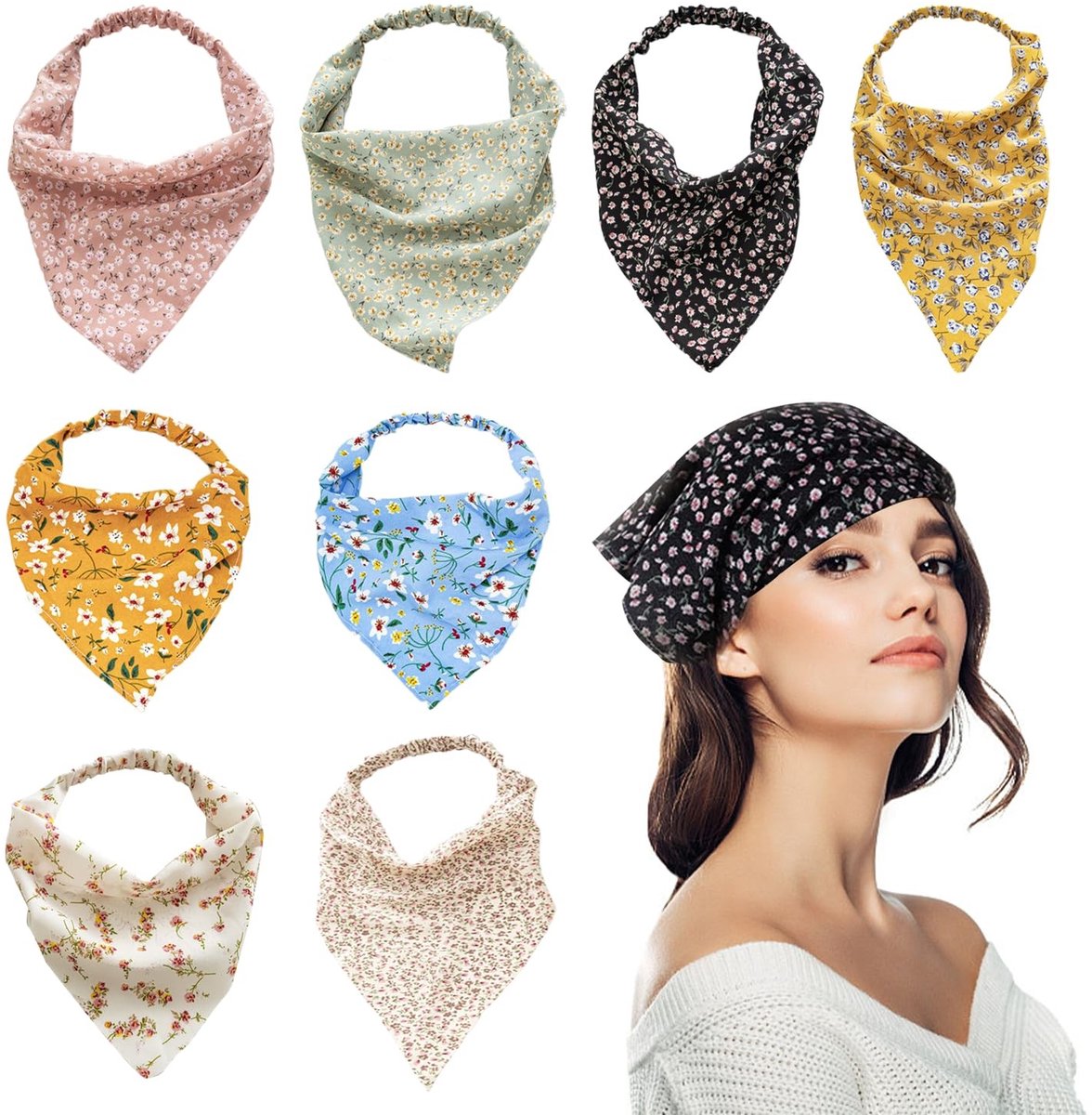 Dailygoods- Bloemenhoofddoek Set van 8 - Driehoekige Hoofddoeken - Zachte Stof - Elastisch Ontwerp - Damesmode - Geschikt voor Sport en Dagelijks Gebruik - Hoofddoek