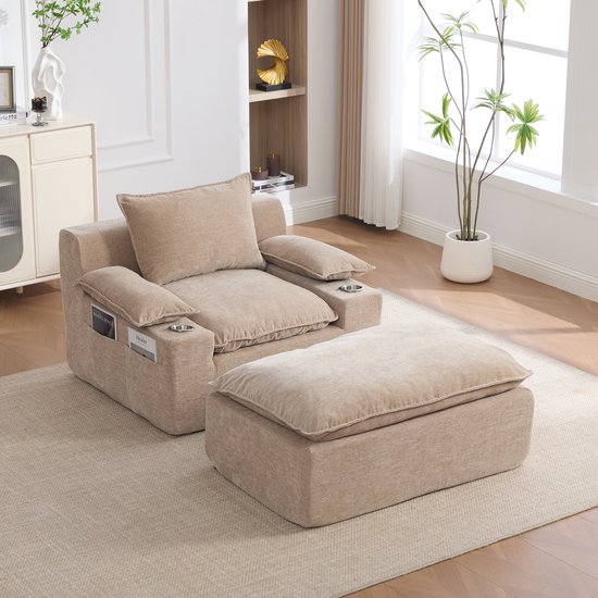 STILVORA Chaise Longue 1-Zits - Relaxstoel Met 4 Kussens, Bekerhouder En Opbergvak - Voor Woonkamer En Balkon - Chenille Lichtkhaki