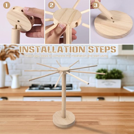 Dailygoods- Pastadroger Inklapbaar - Houten Droogrek - 9 Afneembare Armen - Voor 4,5 kg Pasta - Draaibare Sokkel - Geurneutraal - Noedelrek van Dailygoods — afbeelding 3