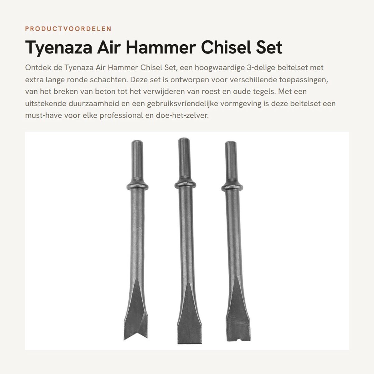 Dailygoods- Luchthamer - 3-delige Set - Extra Lange Beitels - Pneumatische Beitels - Hoogwaardige Chroom Vanadium Staal - Geschikt voor Diverse Klussen - Hamerbeitel