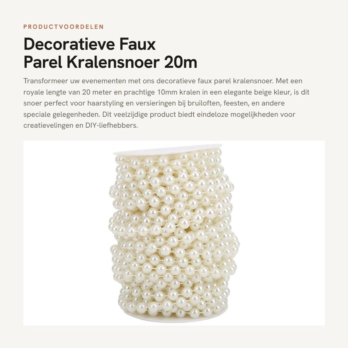 Dailygoods- Kralensnoer 20m - ABS Faux Parel - 10mm Kralen - Decoratie voor Bruiloften - Haarstyling - Feestdecoratie - Uniforme Kleur - Parelkoord