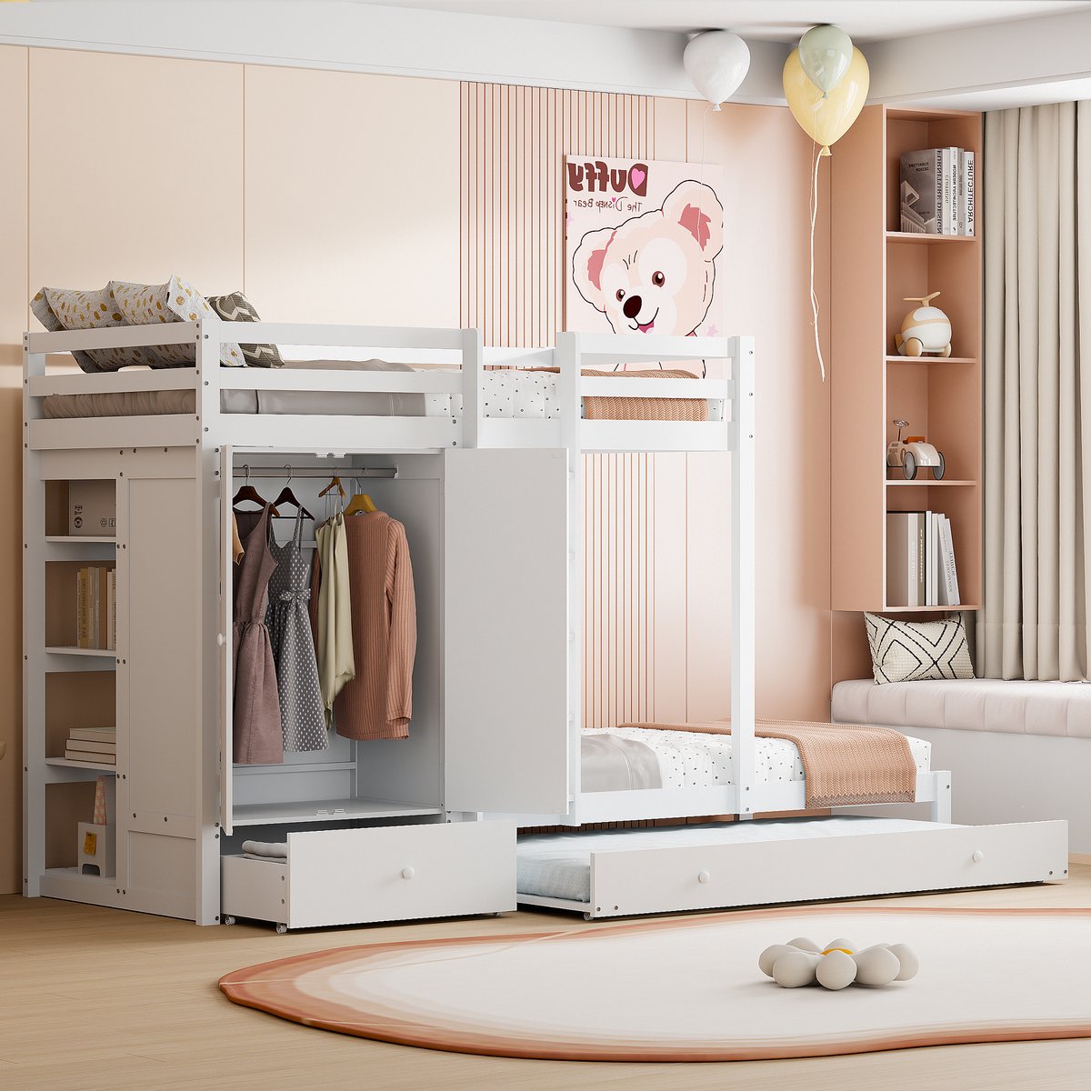 DESMIU Stapelbed 90cm x 200cm – Multifunctioneel Slaapbed Met Uittrekbed – Kledingkast, Laden En Legplank – Voor Kinderkamer En Logeerkamer – Massief Hout – Wit – Zonder Matras