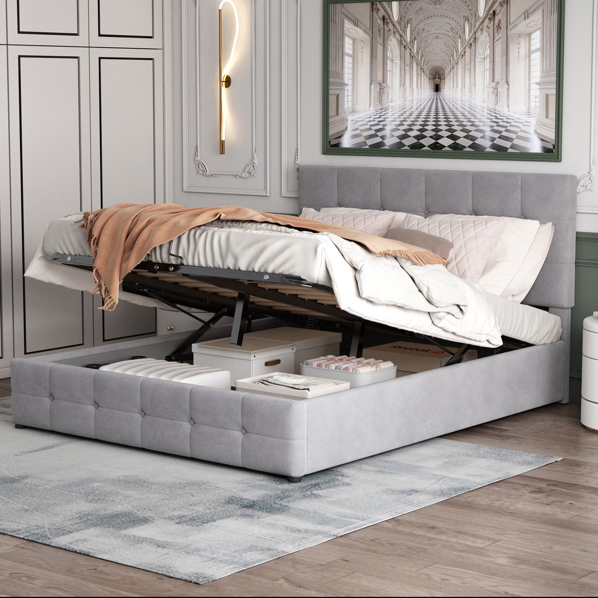 DESMIU Gestoffeerd Bed 140x200cm - Hydraulisch Opbergbed Met Verstelbaar Hoofdbord - 28 Cm Opbergruimte Onder Bed - Voor Volwassenen En Jeugd - Velours - Grijs Zonder Matras
