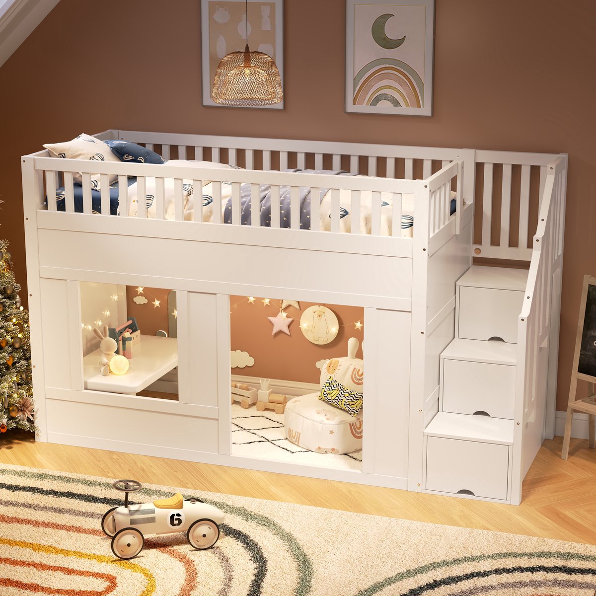 DESMIU Stapelbed 90 x 200 cm - Multifunctioneel kinderbed met trapkast en speelruimte - Voor kinderkamer - Massief hout - Wit - Zonder matras