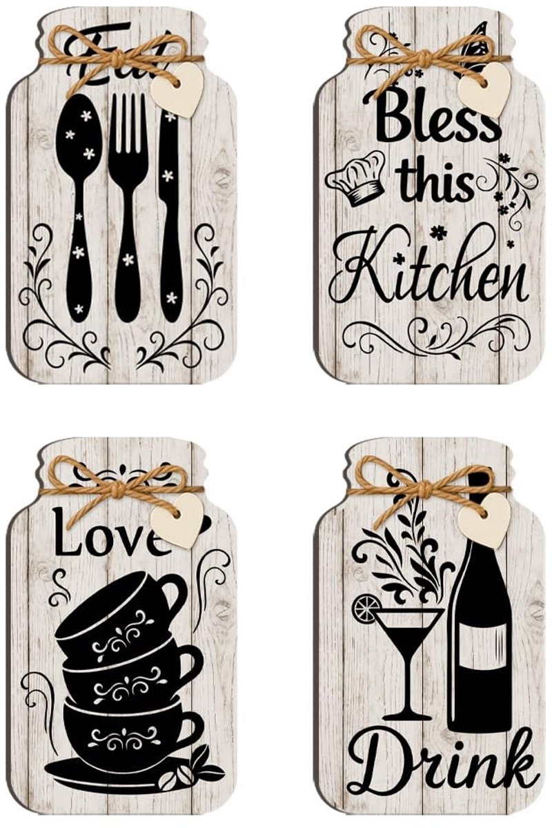 Dailygoods- Muurdecoratie Hout - 4 Stuks Keuken Wanddecoratie - Potvormige Borden - Rustiek Huisdecor - Eten/Drinken/Liefde