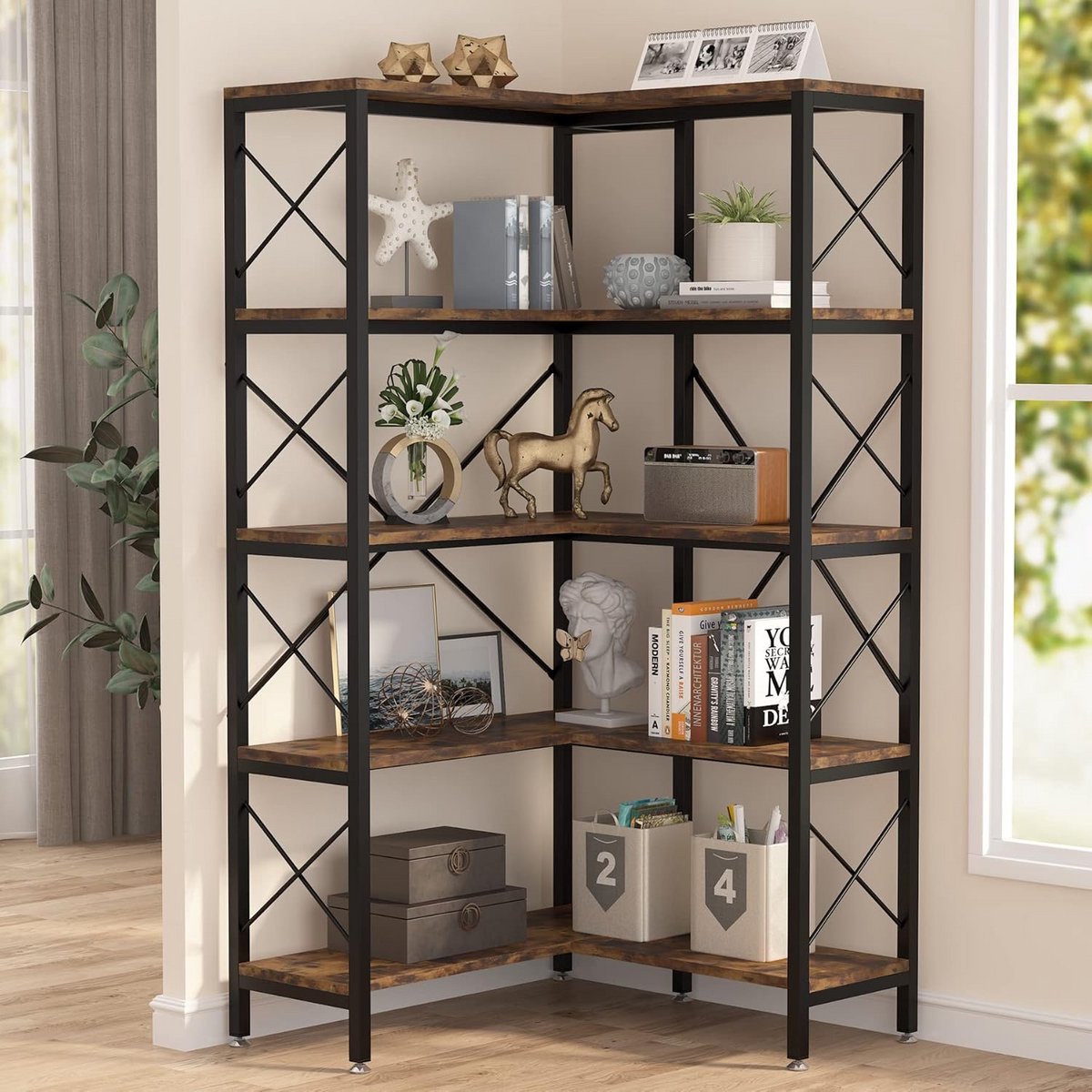 Hoekboekenkast - Opbergrek - Ruimte Benutten - X-vormige Steunen - 167 cm Hoog - Rustiek B