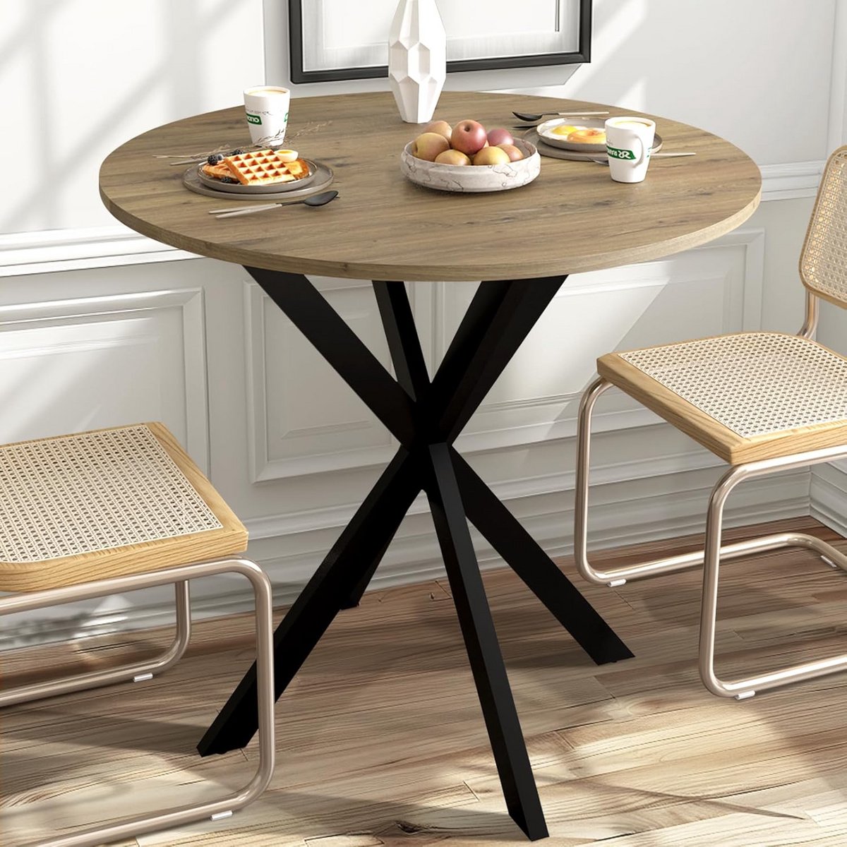 Eettafel Rond - Klein Tafelblad - Gezellig Dineren - X-vormig Metalen Frame - 80 cm Diameter - Rustiek Bruin