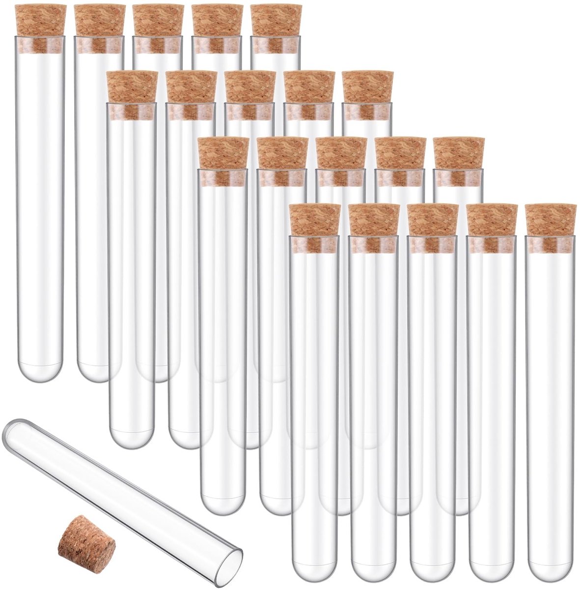 Dailygoods- Reageerbuizen 20 stuks - 10 x 1,5 cm - Kunststof met Kurk - Transparant - Voor Sieraden/Kralen - Duurzaam en Robuust - Opbergbuizen