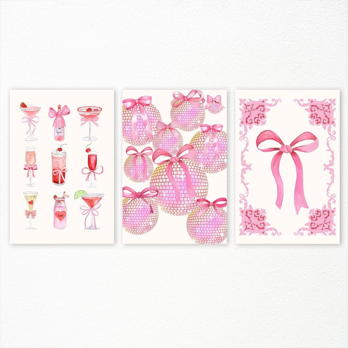 Set van 3 Roze Esthetische Muurkunst Canvas Prints - Preppy Cocktail & Disco Boog Decoratie